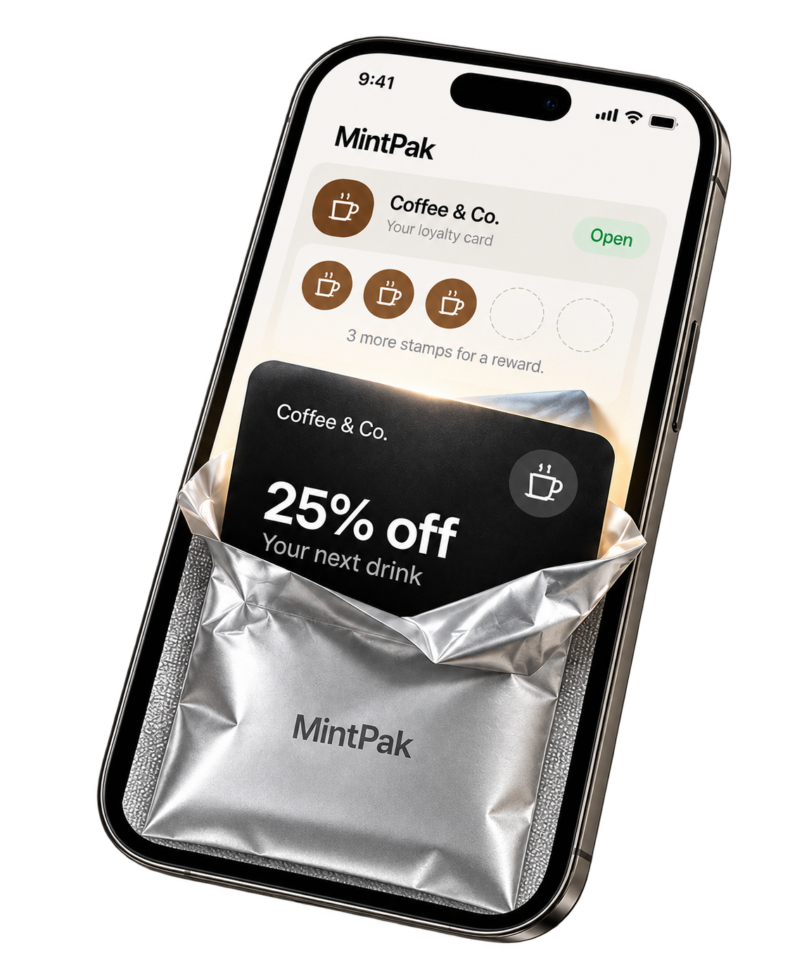 Mintpak loyalty card tearing open a 25% off reward